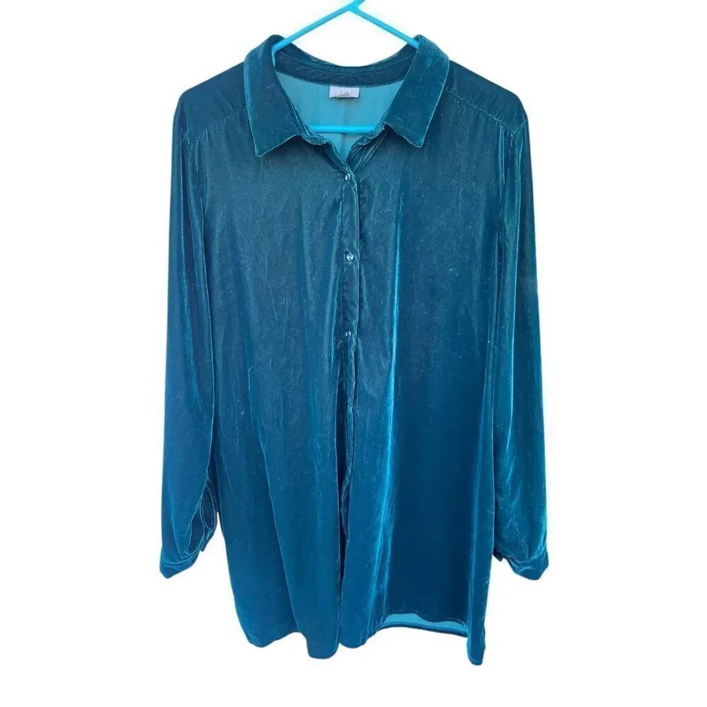 J.Jill Forest Green Velour velvet Button Down Blouse Women's XL holidays career